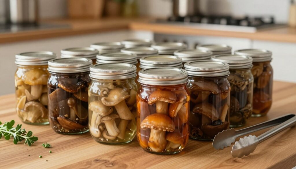A close-up view of neatly arranged glass jars, showcasing their shiny surfaces and metal lids, set on a wooden kitchen table. In the foreground, focus on jars filled with vibrant, preserved mushrooms in various colors, demonstrating the process of canning. The background features a cozy kitchen with soft, warm lighting, hinting at an oven in the distance, symbolizing the baking process. Include fresh herbs and kitchen utensils like tongs and labels next to the jars, enhancing the atmosphere of preparation and hygiene. The image should evoke a sense of homely warmth and meticulous care, highlighting the importance of cleanliness and organization in food preservation.