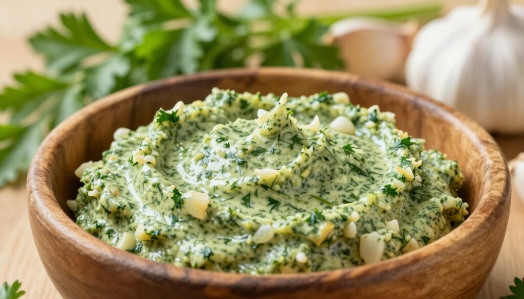 A close-up view of rich, green herb butter with parsley and garlic, beautifully presented in a rustic wooden bowl. The butter should have visible specks of finely chopped parsley and bits of minced garlic, glistening slightly in natural light. In the background, a few fresh parsley sprigs and whole garlic cloves are artfully arranged, adding to the fresh, inviting atmosphere. Soft, warm lighting enhances the natural colors, creating a cozy, homely feel. The composition should be shot with a shallow depth of field to blur the background slightly, focusing on the texture and details of the herb butter. The overall mood conveys a sense of comfort and culinary delight, perfect for illustrating a classic, flavorful ingredient.