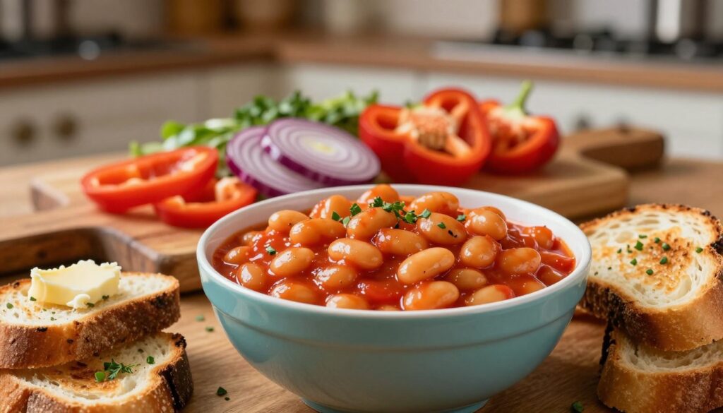 A colorful bowl of baked beans in rich tomato sauce, highlighted with a glossy sheen, sits prominently in the foreground. Surrounding the bowl are a few slices of crispy toasted bread, buttered and garnished with fresh herbs. In the middle ground, a rustic wooden cutting board displays chopped fresh vegetables like red onions and bell peppers, adding vibrant colors to the scene. The background features a softly blurred kitchen setting, with warm ambient lighting creating a cozy atmosphere. Shot with a shallow depth of field to emphasize the beans while still showcasing the toast and vegetables. The mood is inviting and homely, perfect for a comforting meal. A colorful bowl of baked beans in rich tomato sauce, highlighted with a glossy sheen, sits prominently in the foreground. Surrounding the bowl are a few slices of crispy toasted bread, buttered and garnished with fresh herbs. In the middle ground, a rustic wooden cutting board displays chopped fresh vegetables like red onions and bell peppers, adding vibrant colors to the scene. The background features a softly blurred kitchen setting, with warm ambient lighting creating a cozy atmosphere. Shot with a shallow depth of field to emphasize the beans while still showcasing the toast and vegetables. The mood is inviting and homely, perfect for a comforting meal.