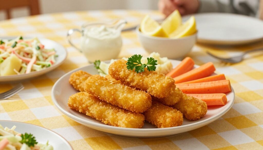 A cozy dining table set for a family meal featuring crispy fish sticks as the main dish. In the foreground, focus on a serving plate piled high with golden-brown fish sticks, garnished with fresh parsley. Surrounding the plate are colorful sides like creamy coleslaw, fluffy mashed potatoes, and vibrant carrot sticks. In the middle background, the table is adorned with a bright checkered tablecloth, a small jug of tartar sauce, and a bowl of lemon wedges for a refreshing zest. Soft, warm lighting creates an inviting atmosphere, emphasizing the textures of the food. Capture the scene from a slight overhead angle to give a homely feel, conveying a sense of comfort and speed suitable for both children and adults.