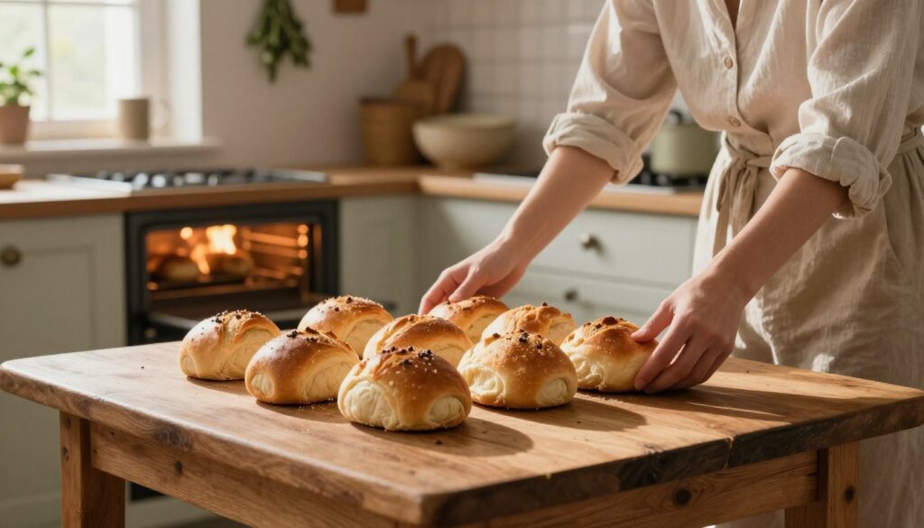 A cozy kitchen scene depicting a person wearing a modest casual outfit, placing freshly baked rolls onto a rustic wooden table. In the foreground, focus on the warm, golden-brown bread rolls, exuding a fresh, crisp appearance. The middle ground features an open oven with gentle flames, emitting a soft, inviting glow, highlighting the process of refreshing the bread. The background reveals a well-lit kitchen with vintage decor, including herbs hanging from the ceiling and sunlight filtering through a window, creating a warm and inviting atmosphere. Soft shadows enhance the depth, and the overall mood is comforting and homely, evoking the simple joys of home baking.