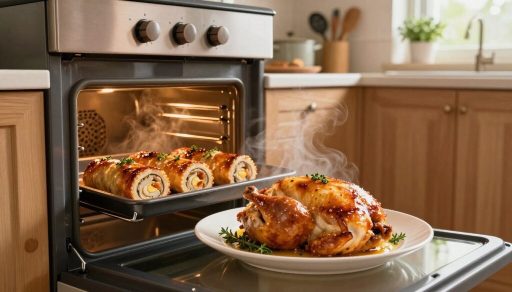 A cozy kitchen scene depicting the process of baking chicken roulades in an oven. In the foreground, a beautifully glazed chicken roulade is resting on a white ceramic plate, garnished with fresh herbs. The middle ground features an open oven with golden-brown roulades, steam gently rising, illuminating them in the warm light of the oven. The background reveals a well-lit kitchen with wooden cabinets, a countertop adorned with cooking utensils, and a small herb garden by the window, creating a homely atmosphere. Soft, natural lighting enhances the inviting mood, suggesting warmth and comfort. The image is composed with a focus on the delicious meal, captured from a slight angle to emphasize the oven and authentic home cooking vibe.