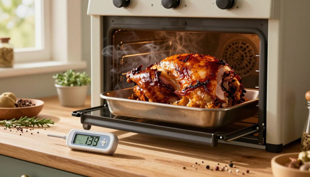 A cozy kitchen scene during the process of baking ham, featuring a traditional oven with the door slightly open, revealing a beautifully browned ham with a crispy glaze inside. In the foreground, a digital meat thermometer rests on a wooden countertop, its display clearly visible and showcasing an ideal temperature reading. The middle ground captures the warm light illuminating the scene, casting soft shadows and highlighting the rich, savory aroma wafting from the oven. Fresh herbs and seasonings are scattered around, enhancing the culinary atmosphere. In the background, a window reveals a sunny day, adding to the inviting warmth of the kitchen. The overall mood is one of homely comfort and culinary precision, perfect for illustrating the art of baked ham preparation.