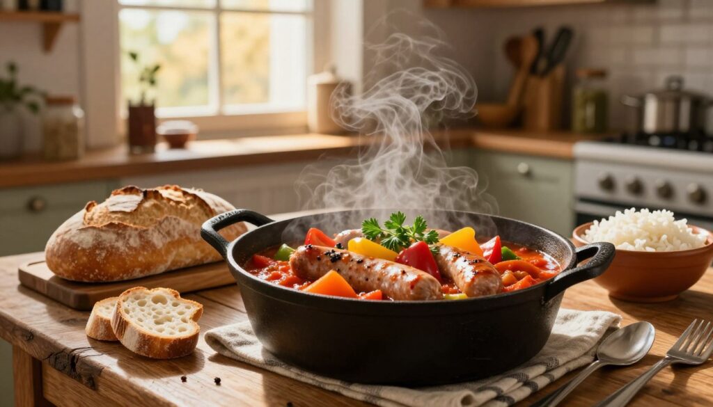 A cozy kitchen scene featuring a hearty serving of leczo kiełbasa, a vibrant Polish stew with colorful bell peppers, juicy sausages, and rich tomato sauce. In the foreground, a rustic wooden table holds a cast-iron pot filled with steaming leczo, garnished with fresh herbs. Beside it, a loaf of crusty bread and a bowl of rice are artfully arranged, ideal accompaniments for a satisfying meal. In the middle ground, soft golden light streams through a window, illuminating the delicious dish and emphasizing its textures. The background showcases shelves filled with spices and cooking utensils, creating an inviting atmosphere. A hint of steam rises from the pot, adding warmth and enticing appeal to the scene. The overall mood conveys comfort and abundance, perfect for a fulfilling dining experience. A cozy kitchen scene featuring a hearty serving of leczo kiełbasa, a vibrant Polish stew with colorful bell peppers, juicy sausages, and rich tomato sauce. In the foreground, a rustic wooden table holds a cast-iron pot filled with steaming leczo, garnished with fresh herbs. Beside it, a loaf of crusty bread and a bowl of rice are artfully arranged, ideal accompaniments for a satisfying meal. In the middle ground, soft golden light streams through a window, illuminating the delicious dish and emphasizing its textures. The background showcases shelves filled with spices and cooking utensils, creating an inviting atmosphere. A hint of steam rises from the pot, adding warmth and enticing appeal to the scene. The overall mood conveys comfort and abundance, perfect for a fulfilling dining experience.