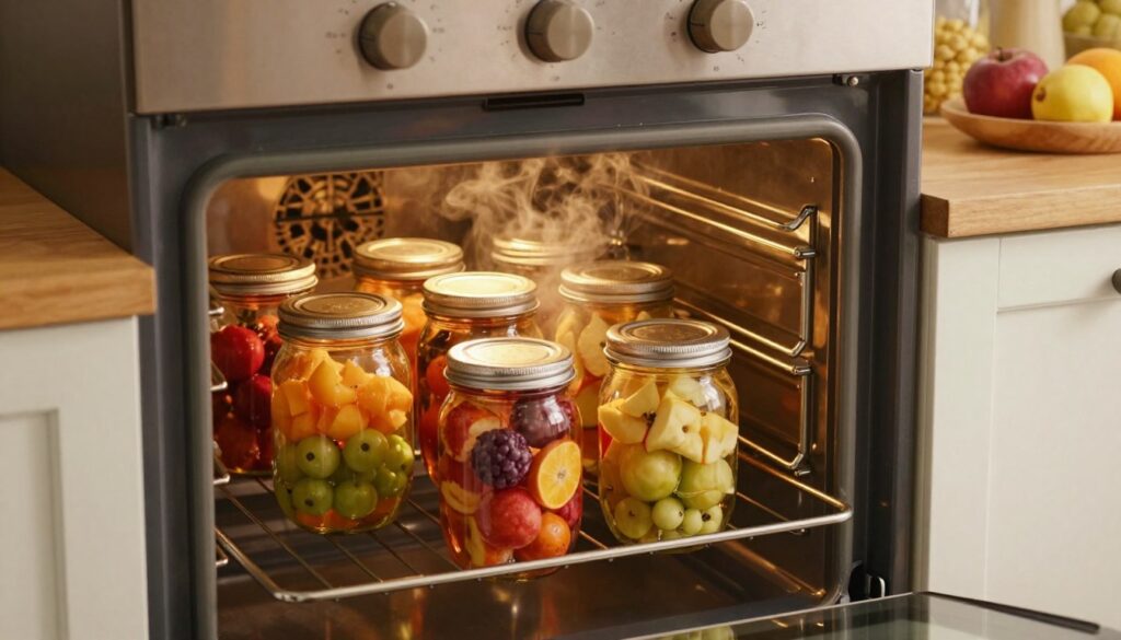 A cozy kitchen scene featuring a well-organized oven with glass jars inside, neatly arranged for the water bath canning process. The foreground shows a close-up of two jars filled with vibrant, colorful fruits, emphasizing freshness. In the middle, the oven door is slightly ajar, revealing steam emanating from the jars, creating a warm, inviting atmosphere. The background displays rustic kitchen decor, including wooden shelves with ingredients and a bowl of fresh fruits nearby. The ambient lighting is soft and warm, giving the scene a homely feel. The angle is slightly tilted from above, capturing the jars and the oven's interior in detail, evoking a sense of culinary craftsmanship and domestic warmth.