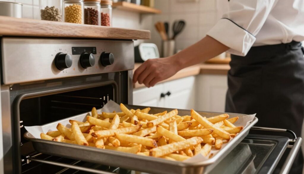 A cozy kitchen scene featuring an oven with a tray of golden-brown, evenly baked frozen fries in the foreground. The fries are perfectly crisped, showcasing a delightful texture. In the middle, a chef carefully adjusts the oven temperature dial, dressed in a modest, professional outfit. Soft, warm lighting illuminates the kitchen, creating an inviting atmosphere. The background reveals shelves filled with spices and cooking utensils that enhance the culinary environment. A timer sits on the countertop, emphasizing the importance of timing in achieving the perfect fry. The camera angle captures the action from a slightly above perspective, bringing focus to the fries and the chef’s meticulous attention to detail.