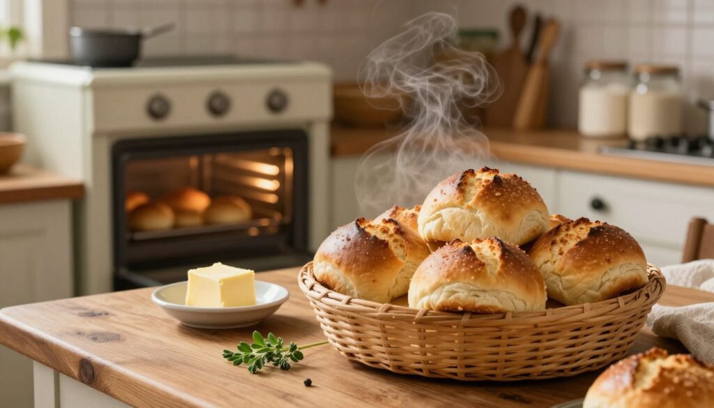 A cozy kitchen scene featuring freshly baked yeast rolls cooling on a rustic wooden countertop. In the foreground, capture a basket filled with the warm rolls, golden brown with a slightly cracked surface, exuding a tempting aroma. Next to the basket, place a small dish of butter and a sprig of fresh herbs for a touch of color. In the middle ground, a vintage oven is slightly open, with steam wafting out, hinting at the moisture that refreshes the bread. The background shows shelves stocked with traditional baking tools and jars of flour. Soft, warm lighting fills the room, evoking a homely atmosphere, ideal for a comforting baking experience. The composition should focus on the delicious rolls, inviting viewers to imagine their irresistible taste and texture.