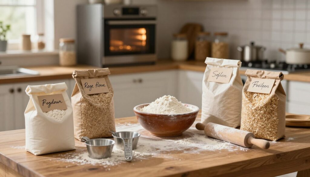 A cozy kitchen scene focused on a variety of flours. In the foreground, a wooden table is topped with bags of wheat flour, rye flour, and specialty flours like spelt and oat, each labeled with elegant handwritten tags. The middle ground features a rustic ceramic bowl partially filled with flour, alongside measuring cups and a rolling pin dusted with flour, suggesting an inviting preparation process. In the background, a softly lit oven with a warm glow, and shelves lined with baking ingredients creates a welcoming atmosphere. Natural light filters through a nearby window, casting gentle shadows to enhance the warm, homey feel of the image, inspiring the viewer to embrace baking homemade bread.