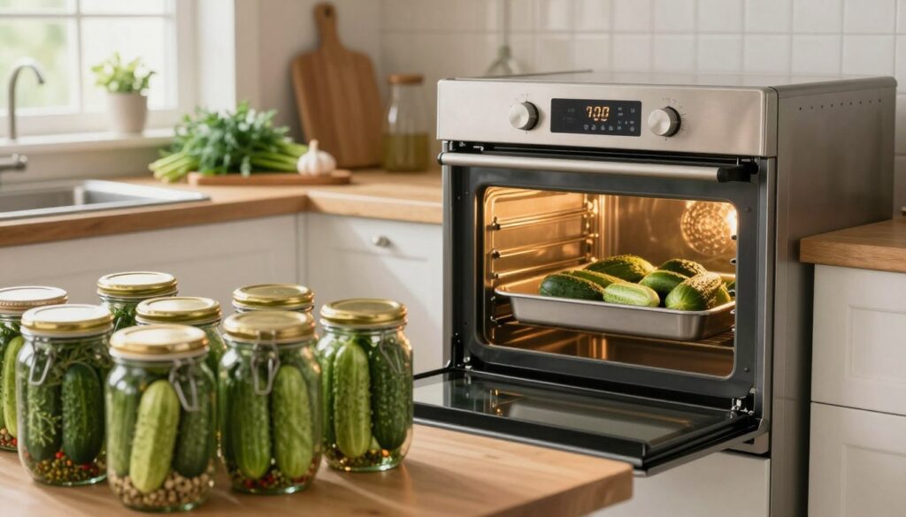 A cozy kitchen scene showcasing the process of cucumber pasteurization in the oven. In the foreground, a variety of glass jars filled with vibrant green cucumbers, spices, and herbs, their lids lined up neatly. The middle ground features a modern oven with its door slightly ajar, emitting a warm glow, and a digital thermometer displaying the ideal temperature for pasteurization. In the background, soft, natural light filters through a window, illuminating the kitchen counters filled with fresh ingredients, like dill and garlic. The atmosphere is inviting and homey, with a sense of culinary warmth and the anticipation of preserving delicious flavors.