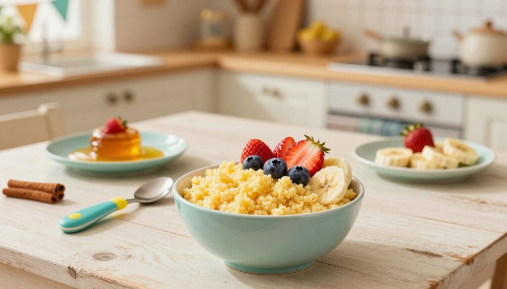 A cozy kitchen setting featuring a whimsical bowl of creamy semolina (kasza manna) specially prepared for children. In the foreground, the bowl is filled with fluffy, golden semolina, garnished with colorful fruits like strawberries, blueberries, and banana slices, creating an inviting and cheerful breakfast scene. The middle section showcases a playful arrangement of child-friendly accessories, such as a cute spoon and small plates with additional toppings like honey and cinnamon. The background features soft, warm lighting, bathing the room in a gentle glow, with a rustic table and cheerful decorations that evoke a sense of warmth and joy. The atmosphere is playful and nurturing, perfect for enticing young children to enjoy their meals.