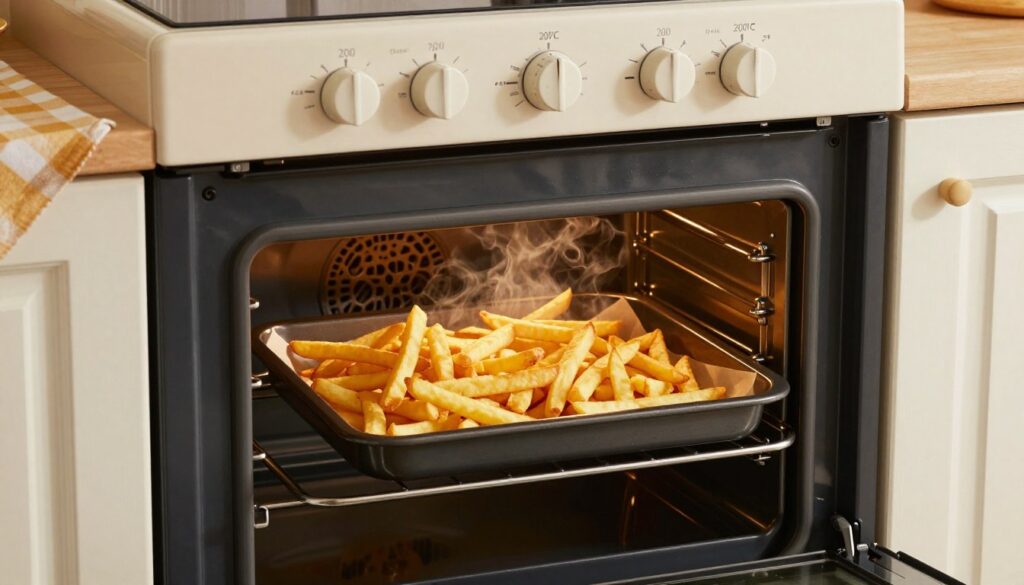 A cozy kitchen setting with a modern oven prominently displayed in the foreground, showcasing the temperature dial set to 200°C. The middle ground features an open oven door, revealing a tray of golden, crispy frozen French fries baking inside, with a gentle steam rising. The background includes a checkered tablecloth and cooking utensils, creating a warm and inviting atmosphere. Soft, warm lighting highlights the rich textures of the fries and the sleek oven design. A slight angle captures the oven and fries, evoking a sense of anticipation for delicious food. The overall mood is cheerful and homely, perfect for a culinary article about baking frozen fries in the oven.