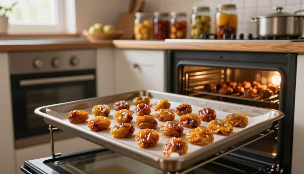 A cozy kitchen setting with a warm, inviting atmosphere, featuring an oven with golden-brown dried plums (śliwki) laid out on a baking tray inside. The foreground showcases a close-up of the tray filled with plump, shiny dried plums, slightly glistening from the drying process. In the middle ground, the open oven door reveals a baking process, with soft, ambient light illuminating the kitchen space. The background includes rustic wooden shelves adorned with jars of preserved fruits and spices, creating a homey feel. Natural light streams in through a nearby window, giving a sense of warmth and comfort, evoking a sense of traditional home cooking. The overall mood is inviting, nostalgic, and uplifting, suitable for a process that emphasizes homemade delights.