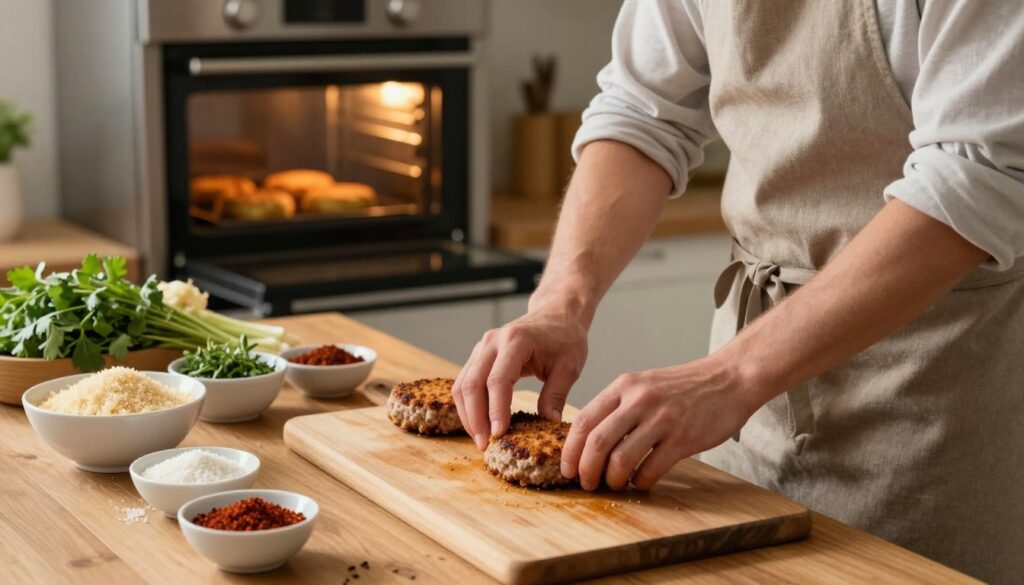 A cozy, well-lit kitchen scene featuring a skilled cook forming and breading meat patties on a wooden countertop. In the foreground, the cook, dressed in a modest apron and casual attire, is carefully shaping the patties with their hands, ensuring each one is evenly sized. The middle ground showcases an array of ingredients, including breadcrumbs, herbs, and spices neatly arranged in bowls, ready for the breading process. The background reveals a warm oven with the door slightly open, hinting at the promise of golden-brown, crispy kotlety yet to come. The overall atmosphere is inviting and homely, with soft, natural lighting illuminating the textures of the ingredients and the focused expression of the cook, embodying a sense of culinary passion and warmth. A cozy, well-lit kitchen scene featuring a skilled cook forming and breading meat patties on a wooden countertop. In the foreground, the cook, dressed in a modest apron and casual attire, is carefully shaping the patties with their hands, ensuring each one is evenly sized. The middle ground showcases an array of ingredients, including breadcrumbs, herbs, and spices neatly arranged in bowls, ready for the breading process. The background reveals a warm oven with the door slightly open, hinting at the promise of golden-brown, crispy kotlety yet to come. The overall atmosphere is inviting and homely, with soft, natural lighting illuminating the textures of the ingredients and the focused expression of the cook, embodying a sense of culinary passion and warmth.