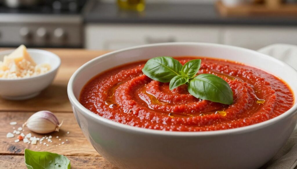 A creamy tomato sauce in a bowl, rich and vibrant red, garnished with fresh basil leaves and a drizzle of olive oil. The foreground focuses on the bowl, showcasing its glossy texture and color, capturing the essence of the sauce with small bubbles indicating warmth. The middle features a rustic wooden table, adorned with crushed garlic and a small dish of parmesan cheese, hinting at complementing flavors. The background softly blurs into a kitchen setting with warm, ambient lighting, emphasizing a cozy cooking atmosphere. The image should evoke a sense of comfort and warmth, inviting viewers to imagine the creamy texture and rich taste of this sauce, perfect for enhancing a baked chicken dish. A creamy tomato sauce in a bowl, rich and vibrant red, garnished with fresh basil leaves and a drizzle of olive oil. The foreground focuses on the bowl, showcasing its glossy texture and color, capturing the essence of the sauce with small bubbles indicating warmth. The middle features a rustic wooden table, adorned with crushed garlic and a small dish of parmesan cheese, hinting at complementing flavors. The background softly blurs into a kitchen setting with warm, ambient lighting, emphasizing a cozy cooking atmosphere. The image should evoke a sense of comfort and warmth, inviting viewers to imagine the creamy texture and rich taste of this sauce, perfect for enhancing a baked chicken dish.