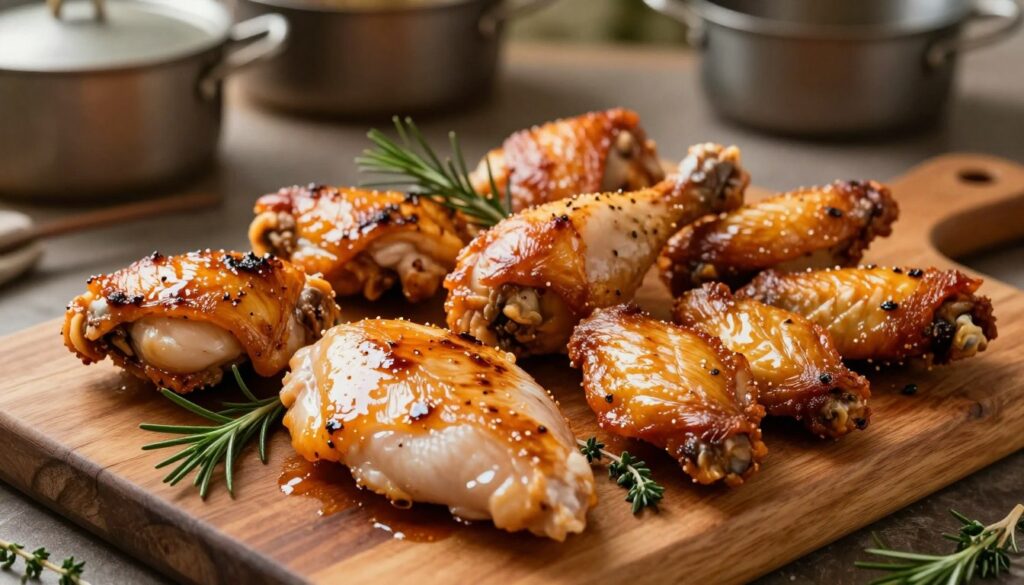 A delicious assortment of chicken pieces, featuring succulent chicken breasts, juicy thighs, flavorful drumsticks, and crispy wings, arranged artistically on a rustic wooden cutting board. The chicken is golden brown, with a delectable glaze that highlights the texture of the skin. Surrounding the chicken are fresh herbs, such as rosemary and thyme, adding a pop of green. Soft, warm lighting creates an inviting atmosphere, emphasizing the mouthwatering details of the food. In the background, a cozy kitchen setting with blurred pots and pans adds to the homely feel, while the camera angle captures the scene from a slightly elevated perspective, inviting viewers to feast their eyes on this delicious spread.