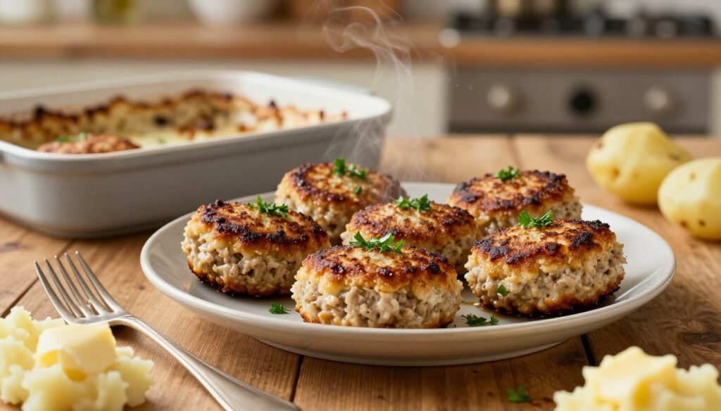 A delicious plate of "kotlety mielone" (Polish minced meat patties) freshly baked in the oven, arranged neatly on a rustic wooden table. The patties are golden brown with a slightly crispy exterior and juicy interior, garnished with a sprinkle of fresh parsley. In the foreground, a pair of forks and a side of mashed potatoes with a dollop of creamy butter are included, adding to the homely feel. The middle ground features a baking dish with remnants of the delicious patties, steam slightly rising to convey warmth. The background includes a soft-focus kitchen setting with warm, ambient light, evoking a cozy atmosphere. The image captures the essence of comfort food, suitable for reheating and enjoying the next day without losing its appealing look and taste. A delicious plate of "kotlety mielone" (Polish minced meat patties) freshly baked in the oven, arranged neatly on a rustic wooden table. The patties are golden brown with a slightly crispy exterior and juicy interior, garnished with a sprinkle of fresh parsley. In the foreground, a pair of forks and a side of mashed potatoes with a dollop of creamy butter are included, adding to the homely feel. The middle ground features a baking dish with remnants of the delicious patties, steam slightly rising to convey warmth. The background includes a soft-focus kitchen setting with warm, ambient light, evoking a cozy atmosphere. The image captures the essence of comfort food, suitable for reheating and enjoying the next day without losing its appealing look and taste.