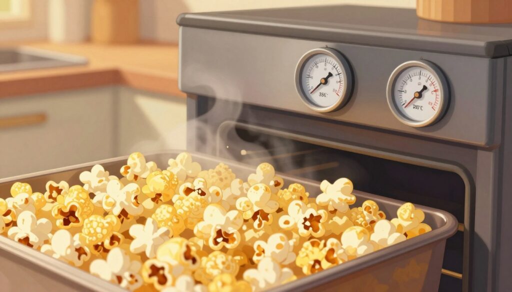 A detailed illustration of the popcorn popping process in an oven, focusing on the ideal roasting temperature for kernels. In the foreground, showcase a close-up view of golden popcorn kernels inside an oven, with steam rising to indicate heat. The middle ground features an open oven door, revealing a temperature gauge displaying the optimal roasting temperature around 180°C (356°F). The background should have a cozy kitchen setting, with warm, ambient lighting that creates a welcoming atmosphere. This scene should evoke the comforting and exciting experience of making popcorn, with a clear focus on the kernels and their transformation. Use a soft-focus effect to emphasize the foreground details. A detailed illustration of the popcorn popping process in an oven, focusing on the ideal roasting temperature for kernels. In the foreground, showcase a close-up view of golden popcorn kernels inside an oven, with steam rising to indicate heat. The middle ground features an open oven door, revealing a temperature gauge displaying the optimal roasting temperature around 180°C (356°F). The background should have a cozy kitchen setting, with warm, ambient lighting that creates a welcoming atmosphere. This scene should evoke the comforting and exciting experience of making popcorn, with a clear focus on the kernels and their transformation. Use a soft-focus effect to emphasize the foreground details.