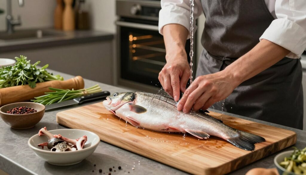 A detailed kitchen scene featuring the preparation of fish before baking, showcasing a large, fresh whole fish laid on a wooden cutting board. The foreground includes a chef in a modest casual outfit, focused intently on washing the fish under running water, with a gentle splash visible. In the middle, a sharp knife is used to make delicate cuts along the fish’s skin, highlighting the chef's craftsmanship. Nearby, a small bowl holds removed bones and scales. The background reveals a well-organized kitchen with herbs, spices, and a preheated oven, creating an inviting atmosphere. The lighting is warm and soft, emphasizing the freshness of the ingredients and the professionalism of the setting, capturing the essence of careful preparation.
