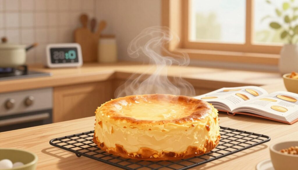 A detailed step-by-step illustration of a safe cooling process for a cheesecake, focusing on the dessert in the foreground. The cheesecake, perfectly baked and golden-brown, is placed on a wire cooling rack, with steam gently rising from it to suggest warmth. In the middle ground, a kitchen with warm wooden cabinetry and soft ambient light casts a cozy atmosphere. A timer is set on the kitchen counter displaying a countdown, while a baking book is open, showcasing cheesecake recipes. The background features a window with soft natural light streaming in, adding a tranquil feeling to the scene. The colors should be warm and inviting, enhancing the mood of a comfortable home kitchen environment.