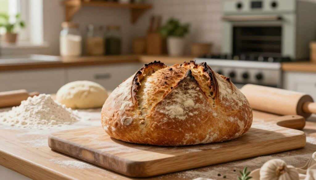 A freshly baked loaf of rustic bread, golden-brown with a crispy crust, sits prominently on a wooden cutting board in the foreground. In the middle ground, there are a few scattered ingredients such as flour, a bowl of dough, and a rolling pin, suggesting the process of bread-making. Soft, warm lighting creates a cozy atmosphere, enhancing the inviting texture of the bread. The background features a glimpse of a traditional kitchen with a vintage oven, wooden shelves filled with jars of flour and herbs, and subtle greenery. The scene evokes a sense of homeliness and warmth, showcasing the joy of baking in a serene kitchen environment.