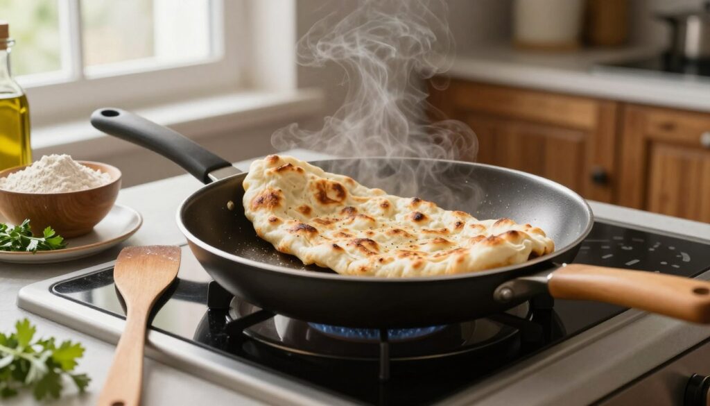A frying pan on a modern kitchen stovetop, with a perfectly golden brown lawasz flatbread resting on it, steam rising gently. In the foreground, a wooden spatula leans against the pan, highlighting the cooking process. In the middle, the pan is surrounded by ingredients like a bowl of flour, a drizzle of olive oil, and a small plate of fresh herbs, hinting at the preparation steps. The background features rustic kitchen elements, such as wooden cabinets and a bright window letting in soft, natural light to create a warm, inviting atmosphere. The scene conveys a sense of home cooking and comfort, inspiring viewers to try making lawasz at home.
