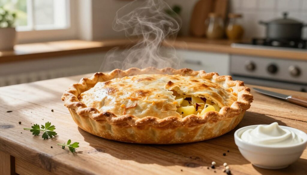 A golden-brown freshly baked pierogi pie sits on a rustic wooden table, steam gently rising from its surface, highlighting the crispy texture. The pie is filled with a colorful mixture of potatoes and cheese, visible at the edges where the dough is slightly cracked. Surrounding the pie are scattered herbs and a small dish of sour cream for dipping, creating an inviting atmosphere. Natural sunlight streams in from a nearby window, casting soft shadows and illuminating the flaky pastry. In the background, there's a cozy kitchen setting with warm colors, wooden shelves adorned with spices and cooking utensils, evoking a sense of home and comfort. The overall mood is warm and appetizing, encouraging viewers to savor the delightful experience of baked pierogi. A golden-brown freshly baked pierogi pie sits on a rustic wooden table, steam gently rising from its surface, highlighting the crispy texture. The pie is filled with a colorful mixture of potatoes and cheese, visible at the edges where the dough is slightly cracked. Surrounding the pie are scattered herbs and a small dish of sour cream for dipping, creating an inviting atmosphere. Natural sunlight streams in from a nearby window, casting soft shadows and illuminating the flaky pastry. In the background, there's a cozy kitchen setting with warm colors, wooden shelves adorned with spices and cooking utensils, evoking a sense of home and comfort. The overall mood is warm and appetizing, encouraging viewers to savor the delightful experience of baked pierogi.