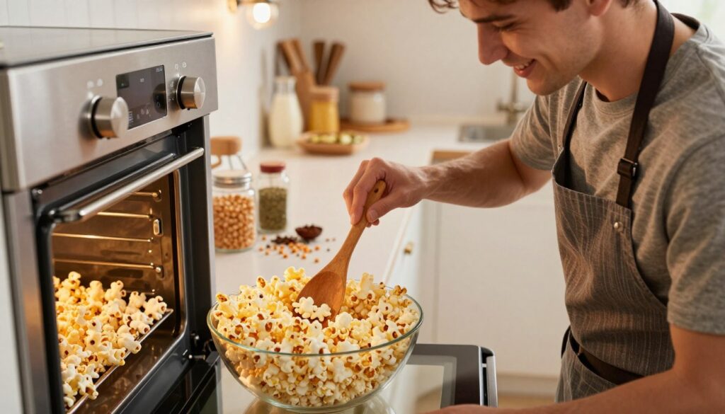 A kitchen scene featuring a home cook, dressed in a stylish apron, preparing popcorn in a modern oven. In the foreground, a bowl of raw popcorn kernels rests next to an open oven door, where fluffy, golden popcorn is beginning to emerge. The cook, concentrated and smiling, uses a wooden spoon to stir the popcorn gently, showcasing the delightful texture. In the middle ground, various spices and seasonings are artistically scattered, hinting at the flavors being added. The background features a bright, inviting kitchen with warm lighting emanating from overhead fixtures, creating a cozy atmosphere. The angle captures the process from slightly above and to the side, emphasizing the joyful preparation of oven-baked popcorn. A kitchen scene featuring a home cook, dressed in a stylish apron, preparing popcorn in a modern oven. In the foreground, a bowl of raw popcorn kernels rests next to an open oven door, where fluffy, golden popcorn is beginning to emerge. The cook, concentrated and smiling, uses a wooden spoon to stir the popcorn gently, showcasing the delightful texture. In the middle ground, various spices and seasonings are artistically scattered, hinting at the flavors being added. The background features a bright, inviting kitchen with warm lighting emanating from overhead fixtures, creating a cozy atmosphere. The angle captures the process from slightly above and to the side, emphasizing the joyful preparation of oven-baked popcorn.
