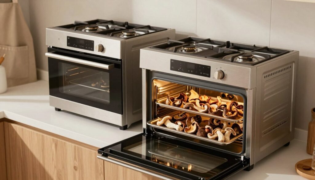 A modern kitchen featuring an electric oven with a convection setting (termoobieg) in the foreground, showcasing its interior filled with neatly arranged trays of assorted dried mushrooms. The oven door is slightly ajar, revealing the mushrooms being gently heated. In the middle background, a gas oven without convection stands idle, emphasizing the difference in drying methods. Soft, warm lighting illuminates the scene, creating a cozy and inviting atmosphere. The scene is captured from a slight overhead angle to highlight both ovens, with a focus on the details of the mushrooms and the ovens' controls. The kitchen background is tidy and modern, with wooden cabinets and an apron hanging nearby, enhancing the domestic vibe.
