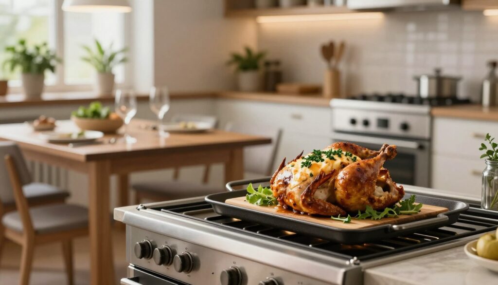 A modern kitchen interior featuring a shiny, stainless steel oven in the foreground, with a perfectly roasted chicken breast filled with herbs and cheese, placed on a cutting board next to it. The chicken should be garnished with fresh greens, emphasizing its delicious filling. In the middle ground, show an inviting dining table set for a meal, lightly illuminated by warm ambient lighting, creating a cozy atmosphere. The background should be a clean, stylish kitchen with subtle details like potted herbs on a windowsill and kitchen utensils hanging nearby. The overall mood should be warm and inviting, conveying the joy of cooking and sharing a meal in a homey environment. The image should have soft focus, with a slight depth of field to draw attention to the oven and the roasted chicken.
