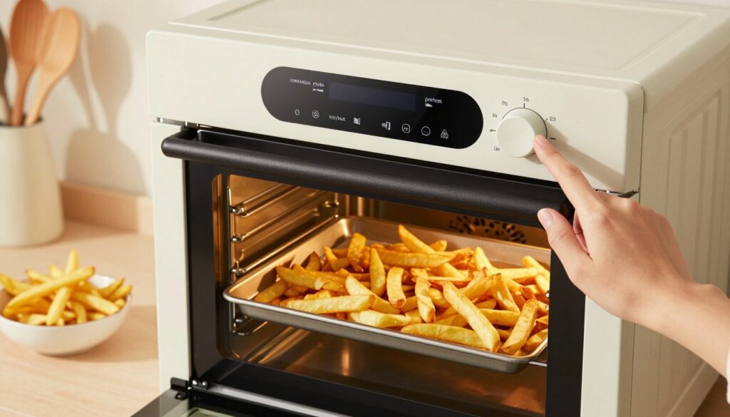 A modern kitchen scene featuring a high-quality oven with a digital control panel displaying settings for "convection mode", "top/bottom", and "preheat". The foreground shows a close-up of a hand adjusting the temperature dial, emphasizing the importance of precise settings. In the middle, the oven door is slightly ajar, revealing a tray of golden, crispy fries inside. The background includes a countertop with cooking utensils and a bowl of fresh fries, hinting at preparation. Soft, warm lighting highlights the textures of the fries and the sleek design of the oven, creating a cozy, inviting atmosphere. The angle is slightly elevated to capture both the oven and the delicious food within, emphasizing the theme of perfect frying conditions. A modern kitchen scene featuring a high-quality oven with a digital control panel displaying settings for "convection mode", "top/bottom", and "preheat". The foreground shows a close-up of a hand adjusting the temperature dial, emphasizing the importance of precise settings. In the middle, the oven door is slightly ajar, revealing a tray of golden, crispy fries inside. The background includes a countertop with cooking utensils and a bowl of fresh fries, hinting at preparation. Soft, warm lighting highlights the textures of the fries and the sleek design of the oven, creating a cozy, inviting atmosphere. The angle is slightly elevated to capture both the oven and the delicious food within, emphasizing the theme of perfect frying conditions.