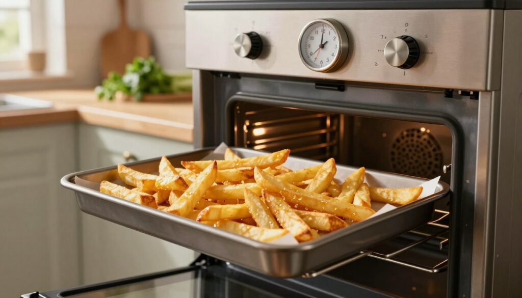 A modern kitchen scene featuring a vibrant tray of golden, crispy fries in the oven, with the door slightly ajar to show the baking process. In the foreground, the fries are perfectly arranged, glistening with a light drizzle of oil, suggesting their delicious crunch. In the middle ground, the oven’s interior displays a warm glow, highlighting the fries' texture, while an ornate kitchen timer ticks down beside it, emphasizing the cooking time. The background captures a cozy kitchen ambiance, adorned with fresh herbs and a soft-focus of gourmet utensils hanging. The lighting is warm and inviting, simulating late afternoon sunlight streaming through a window, creating an appetizing atmosphere that evokes the joy of cooking. The angle is slightly elevated, providing a clear view of both the fries and the kitchen environment.
