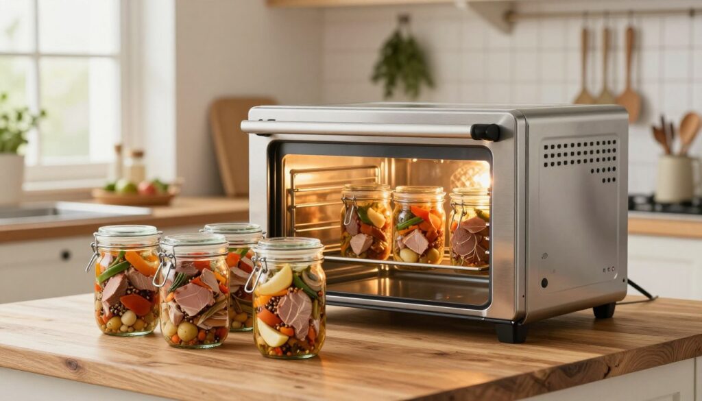 A modern kitchen scene showcasing the process of meat canning in a convection oven. In the foreground, several glass jars filled with meticulously arranged pieces of meat, vegetables, and spices, glowing with a golden hue, are lined up on a rustic wooden countertop. The middle ground displays an elegant stainless steel convection oven, slightly open, emitting a warm, inviting light that illuminates the jars. The background features a clean and organized kitchen with herbs hanging and utensils neatly arranged, adding a homely charm. Soft, diffused natural light filters through a nearby window, creating a cozy atmosphere. The camera angle captures the jars prominently, inviting the viewer into the scene of home preservation.