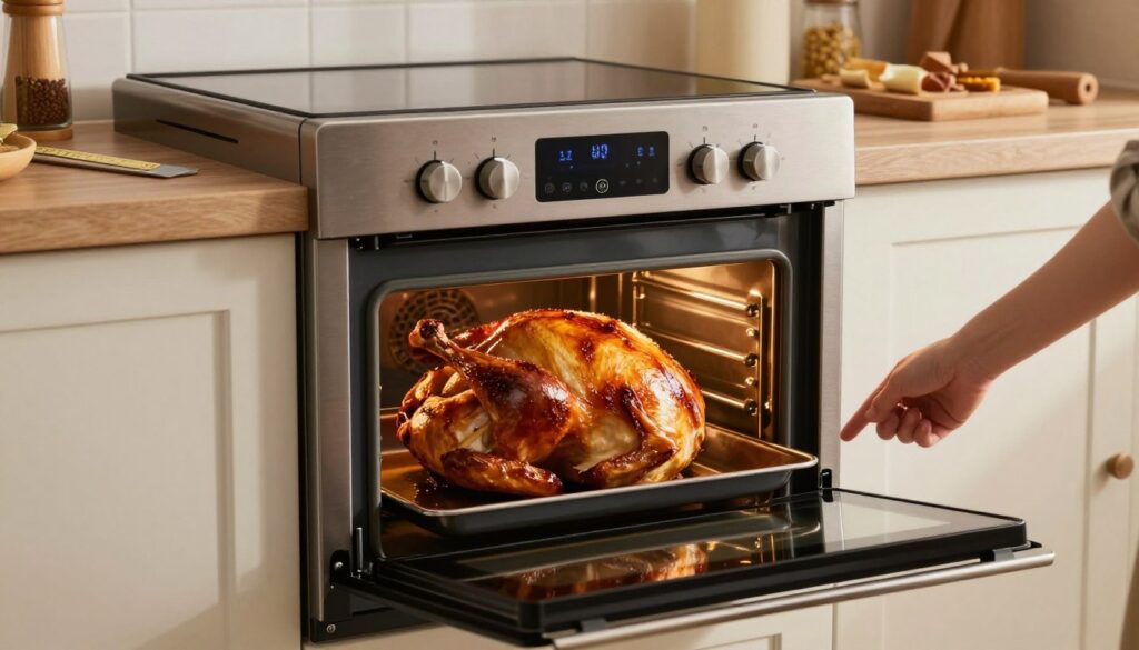 A modern kitchen with a sleek and stylish oven at the center, featuring various knobs and digital settings. The oven door is slightly ajar, revealing a perfectly roasted turkey inside, golden brown and sizzling. In the foreground, a hand reaches toward the control panel, adjusting the temperature settings. On the countertop, there are measuring tools and spices, emphasizing the cooking process. The background is softly illuminated with warm, inviting light, enhancing the kitchen's homely atmosphere. The scene is captured at a slight angle, highlighting both the oven's details and the delicious turkey, creating an inviting and appetizing mood, ideal for readers looking to enhance their baking knowledge. A modern kitchen with a sleek and stylish oven at the center, featuring various knobs and digital settings. The oven door is slightly ajar, revealing a perfectly roasted turkey inside, golden brown and sizzling. In the foreground, a hand reaches toward the control panel, adjusting the temperature settings. On the countertop, there are measuring tools and spices, emphasizing the cooking process. The background is softly illuminated with warm, inviting light, enhancing the kitchen's homely atmosphere. The scene is captured at a slight angle, highlighting both the oven's details and the delicious turkey, creating an inviting and appetizing mood, ideal for readers looking to enhance their baking knowledge.