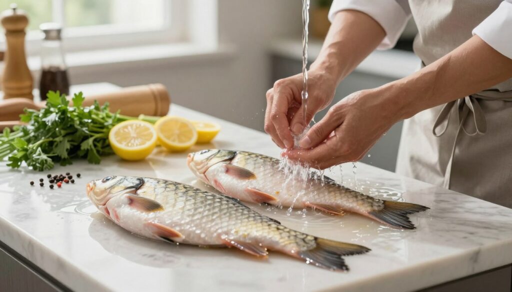 A neatly arranged kitchen counter showcasing the preparation of carp fillets, specifically focusing on two beautifully cleaned carp bellies, gleaming with freshness. In the foreground, a skilled hands of a chef, wearing a neat apron, gently rinsing the fish under running water to eliminate any muddy odor. The middle ground features an array of fresh ingredients like herbs, lemon slices, and spices artfully placed beside the fish, enhancing the feeling of a well-prepared culinary scene. In the background, soft natural light streams through a window, illuminating the cooking area and creating a warm, inviting atmosphere. The scene conveys a sense of care and expertise, emphasizing the importance of preparation in achieving delicious results. A subtle focus on textures enhances the realism, while a shallow depth of field draws attention to the fish preparation. A neatly arranged kitchen counter showcasing the preparation of carp fillets, specifically focusing on two beautifully cleaned carp bellies, gleaming with freshness. In the foreground, a skilled hands of a chef, wearing a neat apron, gently rinsing the fish under running water to eliminate any muddy odor. The middle ground features an array of fresh ingredients like herbs, lemon slices, and spices artfully placed beside the fish, enhancing the feeling of a well-prepared culinary scene. In the background, soft natural light streams through a window, illuminating the cooking area and creating a warm, inviting atmosphere. The scene conveys a sense of care and expertise, emphasizing the importance of preparation in achieving delicious results. A subtle focus on textures enhances the realism, while a shallow depth of field draws attention to the fish preparation.