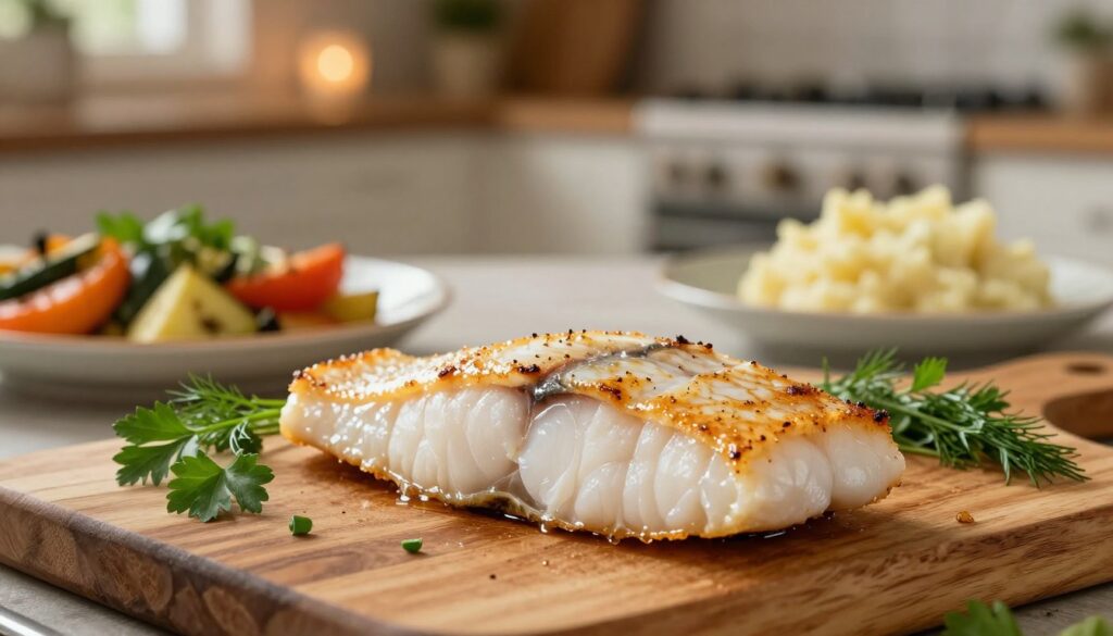 A perfectly cooked halibut fillet, glistening with a light golden crust, is prominently displayed in the foreground on a rustic wooden cutting board. The fish is flaked slightly to showcase its tender, moist interior, hinting at the ideal doneness. Fresh herbs like dill and parsley are artistically scattered around the plate, adding a burst of green. In the middle ground, a beautifully set dining table is softly blurred, with colorful side dishes like roasted vegetables and mashed potatoes, hinting at a cozy family dinner. In the background, a warm, inviting kitchen atmosphere with soft, ambient lighting enhances the homely feel. The overall mood is comforting and inviting, showcasing the essence of well-prepared halibut. The image is shot with a shallow depth of field to emphasize the fish while creating a warm, inviting atmosphere.