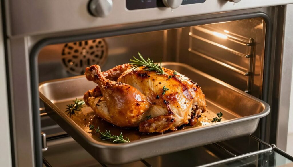 A perfectly roasted chicken breast, glistening with a golden-brown hue, sits centered in a modern kitchen oven, the heat radiating gently around it. The juicy, tender chicken is garnished with fresh herbs, like rosemary and thyme, enhancing its appeal. In the background, soft oven lights illuminate the scene, casting a warm, inviting glow. The oven is styled with a sleek stainless-steel finish, and a few light reflections create depth. The setting is uncluttered, emphasizing the focus on the chicken, evoking anticipation for a delicious meal. The atmosphere is cozy and appetizing, perfect for a culinary feature. The angle captures a slight overhead view to show the dish's texture, accentuating its moisture and inviting appearance.