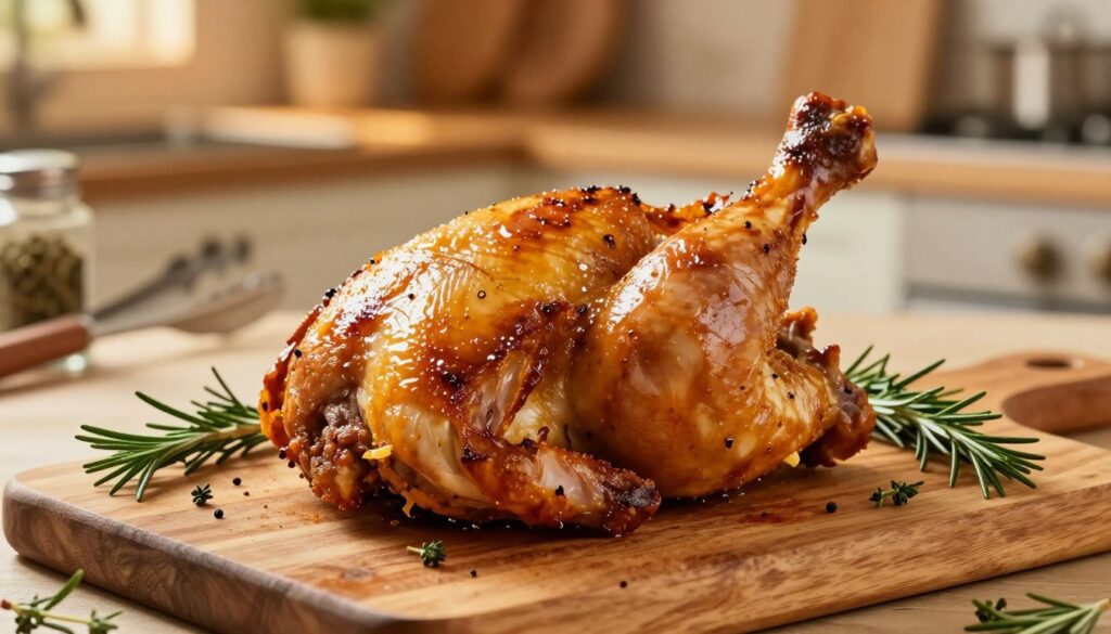 A perfectly roasted chicken leg quarter, glistening with a golden-brown glaze, sits on a rustic wooden cutting board. The skin has a crispy texture, revealing the succulent, juicy meat underneath. Fresh herbs like rosemary and thyme are artfully arranged around the udka, enhancing the dish's colors. In the background, a warm, inviting kitchen setting is softly lit with golden lighting, giving a cozy and homely atmosphere. A few kitchen utensils, like a pair of tongs and a spice jar, are subtly placed nearby. The composition is shot at a slight angle to capture the details of both the udka and the surrounding scene, creating an appetizing and inviting mood that draws the viewer in, emphasizing warmth and comfort in home cooking. A perfectly roasted chicken leg quarter, glistening with a golden-brown glaze, sits on a rustic wooden cutting board. The skin has a crispy texture, revealing the succulent, juicy meat underneath. Fresh herbs like rosemary and thyme are artfully arranged around the udka, enhancing the dish's colors. In the background, a warm, inviting kitchen setting is softly lit with golden lighting, giving a cozy and homely atmosphere. A few kitchen utensils, like a pair of tongs and a spice jar, are subtly placed nearby. The composition is shot at a slight angle to capture the details of both the udka and the surrounding scene, creating an appetizing and inviting mood that draws the viewer in, emphasizing warmth and comfort in home cooking.