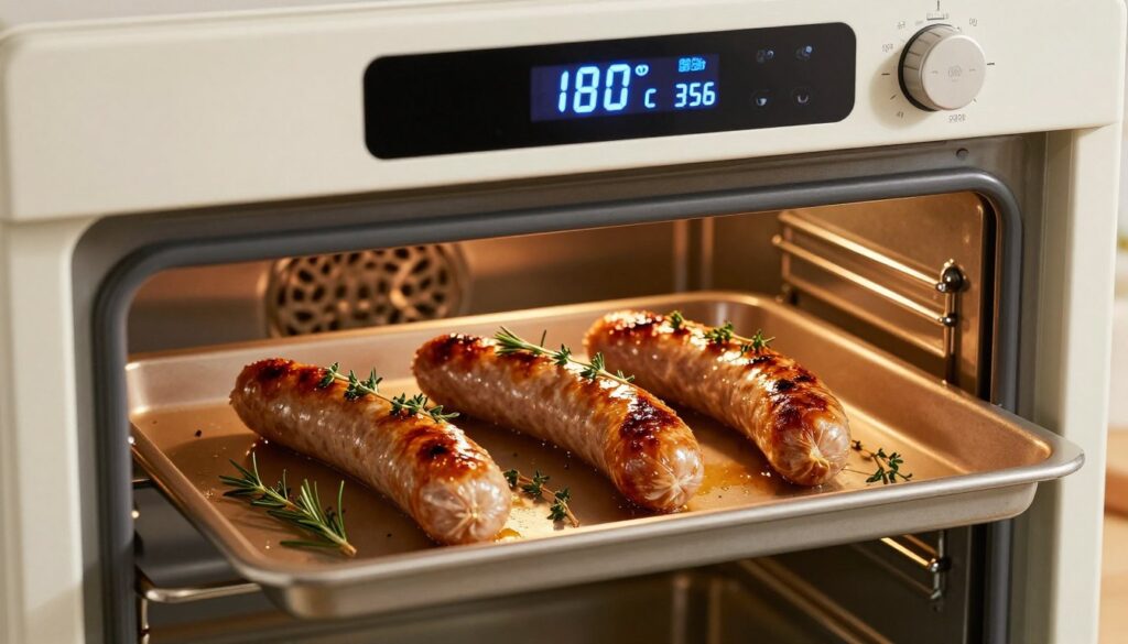 A perfectly roasted sausage inside a modern oven, showcasing a golden-brown exterior with caramelized edges, garnished with fresh herbs like rosemary and thyme. The oven's digital display shows an ideal baking temperature of 180°C (356°F). In the foreground, emphasize the juicy texture of the sausage, with glistening juices visible. The middle ground features an open oven door revealing the sausage on a baking tray, while the background includes soft kitchen lighting illuminating the scene, creating a warm and inviting atmosphere. Use a close-up angle for a detailed view, capturing both the delectable food and the cozy kitchen environment. A perfectly roasted sausage inside a modern oven, showcasing a golden-brown exterior with caramelized edges, garnished with fresh herbs like rosemary and thyme. The oven's digital display shows an ideal baking temperature of 180°C (356°F). In the foreground, emphasize the juicy texture of the sausage, with glistening juices visible. The middle ground features an open oven door revealing the sausage on a baking tray, while the background includes soft kitchen lighting illuminating the scene, creating a warm and inviting atmosphere. Use a close-up angle for a detailed view, capturing both the delectable food and the cozy kitchen environment.