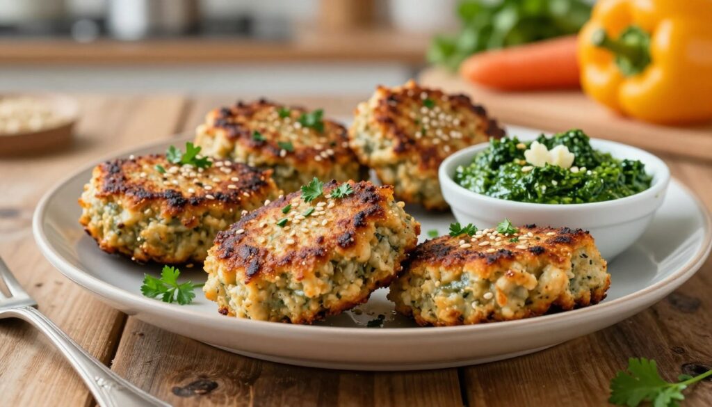 A plate of golden-brown baked lentil patties arranged beautifully on a rustic wooden table, garnished with fresh herbs like parsley and a sprinkle of sesame seeds. In the foreground, a close-up of the patties showcases their crispy exterior and soft interior texture. A small bowl with a vibrant green sauce made of spinach and garlic sits beside the plate, invitingly glistening under soft, natural light. In the background, blurred hints of a home kitchen setting, with fresh vegetables like carrots and bell peppers. The atmosphere feels warm and inviting, evoking a sense of comfort and wholesome cooking. Use a shallow depth of field to focus on the patties while softly blurring the background.