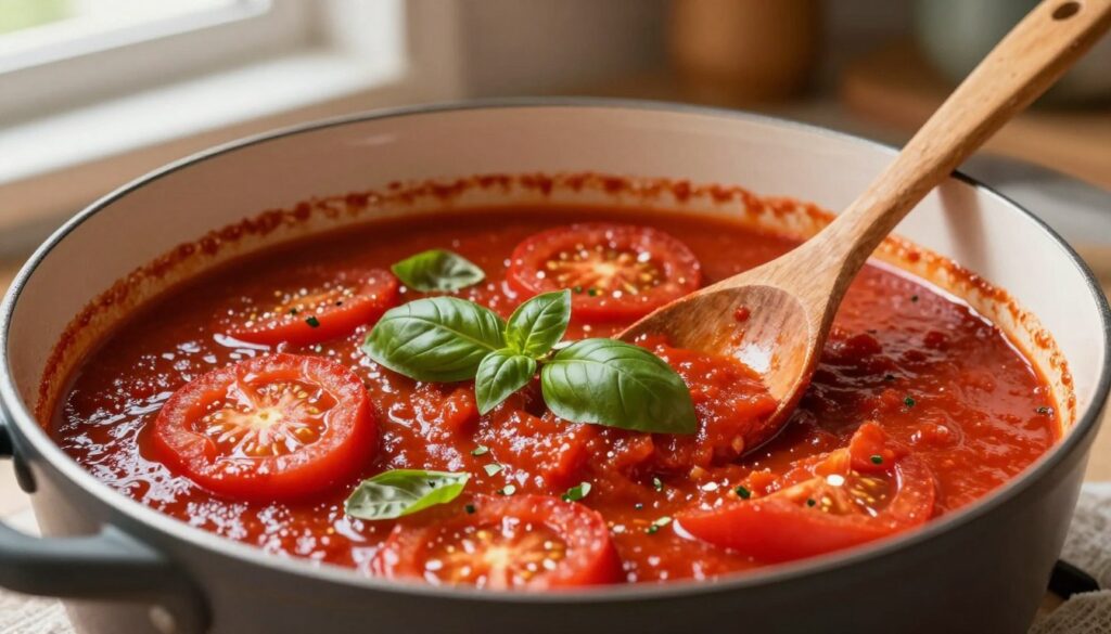 A rich, vibrant tomato sauce with a glossy finish, simmering in a rustic pot, showcasing the deep red hues of ripe tomatoes, sprinkled with fresh basil leaves. In the foreground, a wooden spoon rests elegantly against the pot, its surface glistening with sauce. In the middle ground, hints of vegetable broth and a dash of flour are visible, suggesting the preparation of a classic sauce. The background features a warm, inviting kitchen setting with soft, natural lighting filtering through a window, casting gentle shadows. The mood is cozy and homely, evoking culinary tradition. The image is captured from a slightly elevated angle, emphasizing the texture of the sauce and the inviting atmosphere of cooking.