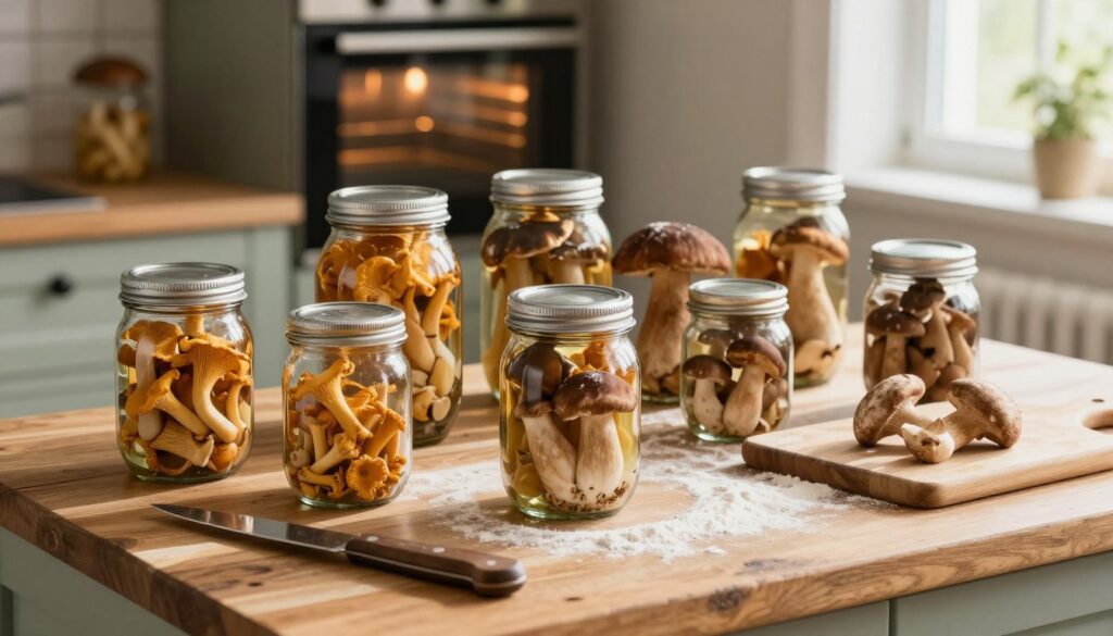 A rustic kitchen countertop filled with various mushrooms ready for canning, displayed in a well-organized manner. In the foreground, glass jars with metal lids are prepped for preserving, showcasing fresh chanterelles, porcini, and shiitake mushrooms, arranged artistically. The middle of the scene has utensils like a sharp knife and a cutting board dusted with flour, emphasizing preparation details. The background features an oven with its light glowing warmly, hinting at the sterilization process. Natural sunlight streams in through a nearby window, creating a bright, inviting atmosphere. The depth of field focuses on the jars, with a slight blur in the background, enhancing the subject's prominence. The mood is cozy and domestic, perfect for illustrating the process of mushroom preservation.
