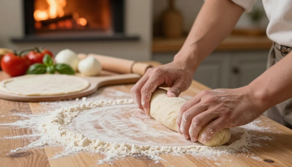 A rustic kitchen scene depicting the process of shaping pizza dough, focusing on the hands of a person gently stretching the dough on a wooden surface. The foreground features flour scattered on the surface, with the person's hands slightly dusted in flour, demonstrating the technique of stretching rather than rolling. In the middle ground, a round pizza peel and ingredients like tomatoes, mozzarella, and basil are arranged for preparation. The background includes a warm, inviting oven with a tantalizing glow, hinting at the baking process. The lighting is soft and natural, creating a cozy atmosphere, enhancing the notion of homemade comfort food. Capture this moment from a slightly elevated angle to emphasize the stretching technique, inviting the viewer into the culinary experience. A rustic kitchen scene depicting the process of shaping pizza dough, focusing on the hands of a person gently stretching the dough on a wooden surface. The foreground features flour scattered on the surface, with the person's hands slightly dusted in flour, demonstrating the technique of stretching rather than rolling. In the middle ground, a round pizza peel and ingredients like tomatoes, mozzarella, and basil are arranged for preparation. The background includes a warm, inviting oven with a tantalizing glow, hinting at the baking process. The lighting is soft and natural, creating a cozy atmosphere, enhancing the notion of homemade comfort food. Capture this moment from a slightly elevated angle to emphasize the stretching technique, inviting the viewer into the culinary experience.