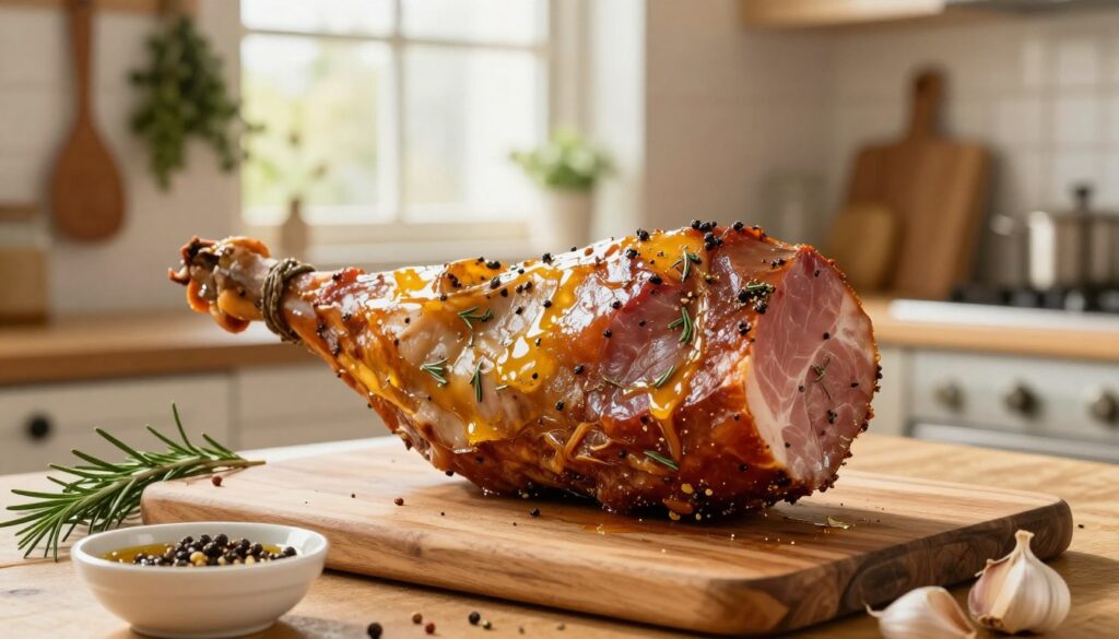 A rustic kitchen scene featuring a succulent, marinated ham resting on a wooden cutting board. The ham is glistening with a rich, golden glaze, showcasing the aromatic herbs and spices that enhance its juiciness. In the foreground, a small bowl filled with marinade ingredients—garlic cloves, sprigs of rosemary, and peppercorns—adds detail. In the background, warm light spills through a window, casting a soft glow over the rustic kitchen decor, which includes hanging herbs and wooden utensils. The mood is inviting and homely, conveying the essence of home-cooked comfort. Use a shallow depth of field to softly blur the background, emphasizing the expertly marinated ham in the foreground.