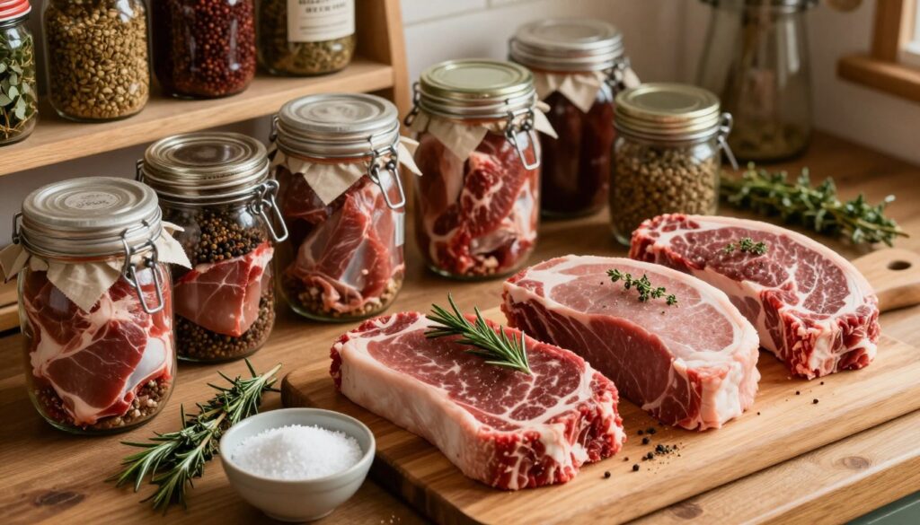A rustic kitchen scene featuring an assortment of raw meats ready for preservation. In the foreground, a wooden cutting board displays fresh, marbled cuts of beef and pork, seasoned with herbs like rosemary and thyme, with a small bowl of salt for preparation. The middle ground shows jars of various sizes prepared for canning, filled with succulent pieces of meat surrounded by spices. A soft, warm light illuminates the entire scene, casting gentle shadows and creating a cozy atmosphere. In the background, shelves lined with home-canned jars and spices add a homely touch. The camera angle is slightly top-down, emphasizing the array of ingredients while maintaining a clear focus on the meat selection process. The mood is inviting and wholesome, ideal for a home canning session.