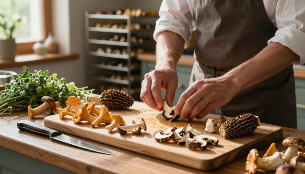 A rustic kitchen scene focusing on the preparation of mushrooms for drying. In the foreground, a wooden cutting board displays an array of freshly picked mushrooms—chanterelles, porcini, and morels—carefully cleaned and sliced. A sharp knife rests beside them, reflecting light. In the middle ground, a chef dressed in modest, professional attire is gently handling the mushrooms, showcasing a meticulous approach to preparation, ensuring they maintain their natural aroma. The background features a softly lit, cozy kitchen filled with herbs and drying racks, creating a warm atmosphere. Natural sunlight filters through a nearby window, casting gentle shadows that enhance the textures of the ingredients. The scene conveys a sense of care and craftsmanship in mushroom drying preparation.