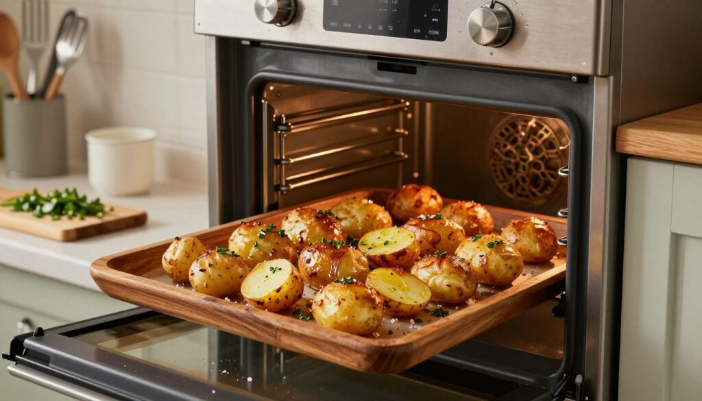 A rustic kitchen scene showcasing raw potatoes being transformed into perfectly roasted ones in a modern oven. In the foreground, golden-brown, crispy potatoes rest on a wooden baking tray, garnished with fresh herbs and sea salt. The middle of the image features an oven door slightly ajar, with light spilling out, revealing the potatoes inside, glistening with a touch of olive oil. In the background, soft kitchen lighting casts a warm glow over the scene, emphasizing the cozy atmosphere. The countertop is adorned with cooking utensils and a cutting board with chopped herbs, creating a homey vibe. The angle highlights the texture of the crispy skin and the fluffy interior, enticing viewers with the promise of deliciousness. A rustic kitchen scene showcasing raw potatoes being transformed into perfectly roasted ones in a modern oven. In the foreground, golden-brown, crispy potatoes rest on a wooden baking tray, garnished with fresh herbs and sea salt. The middle of the image features an oven door slightly ajar, with light spilling out, revealing the potatoes inside, glistening with a touch of olive oil. In the background, soft kitchen lighting casts a warm glow over the scene, emphasizing the cozy atmosphere. The countertop is adorned with cooking utensils and a cutting board with chopped herbs, creating a homey vibe. The angle highlights the texture of the crispy skin and the fluffy interior, enticing viewers with the promise of deliciousness.