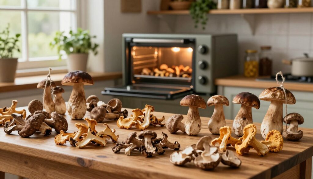 A rustic kitchen setting with an array of dried mushrooms artistically arranged on a wooden table. The foreground features various types of edible mushrooms, such as porcini, chanterelles, and shiitake, showcasing their textures and colors, some laid out flat, while others are hanging from twine. In the middle ground, an electric oven is visible, slightly open, with an interior lit warmly to emphasize the drying process. The background consists of shelves filled with herbs and spices, bathed in soft natural light filtering through a nearby window, creating a warm and inviting atmosphere. The scene conveys a sense of rustic charm and the art of preserving food, inviting viewers into the world of mushroom drying. A rustic kitchen setting with an array of dried mushrooms artistically arranged on a wooden table. The foreground features various types of edible mushrooms, such as porcini, chanterelles, and shiitake, showcasing their textures and colors, some laid out flat, while others are hanging from twine. In the middle ground, an electric oven is visible, slightly open, with an interior lit warmly to emphasize the drying process. The background consists of shelves filled with herbs and spices, bathed in soft natural light filtering through a nearby window, creating a warm and inviting atmosphere. The scene conveys a sense of rustic charm and the art of preserving food, inviting viewers into the world of mushroom drying.
