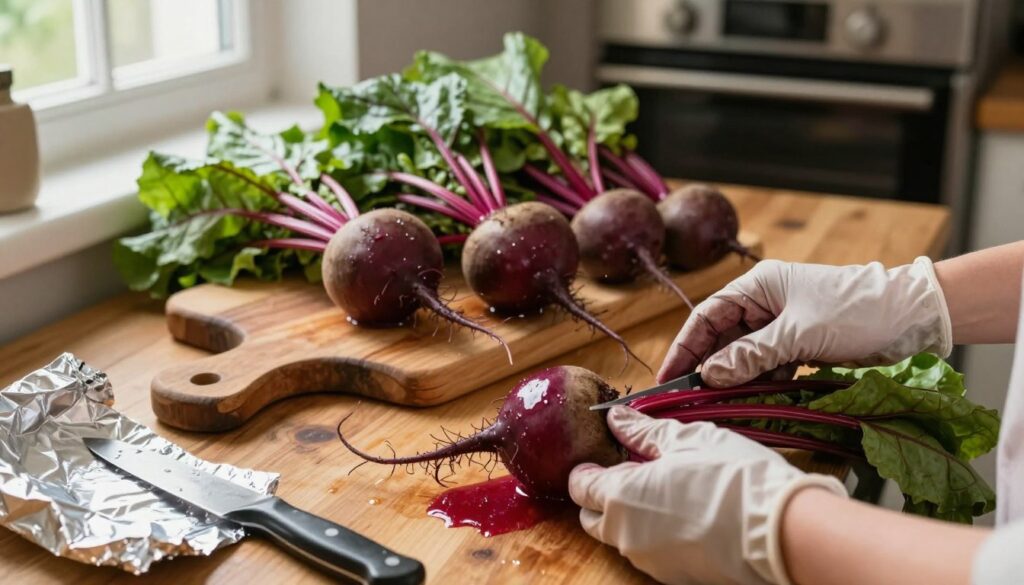A rustic wooden kitchen countertop, topped with a vibrant array of fresh beets in various sizes, some still with green tops, all washed and glistening with water. In the foreground, a pair of hands wearing subtle, modest kitchen gloves are carefully trimming the roots and greens of the beets, showcasing the process of preparation. The middle layer features a rustic cutting board with a knife, and nearby, a crumpled sheet of aluminum foil awaits its turn. Soft, natural light filters in from a nearby window, creating a warm and inviting atmosphere. In the background, a blurred oven is visible, hinting at the baking that is to come. The overall mood is homey and wholesome, emphasizing the simplicity and beauty of preparing beets for roasting.