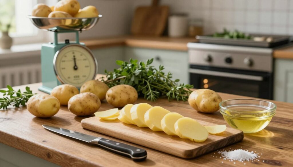 A rustic wooden kitchen table filled with freshly washed potatoes, some peeled and sliced into thin, uniform rounds, showcasing the preparation for homemade potato chips. In the foreground, a sharp knife, a cutting board, and a bowl of oil with a sprinkle of sea salt reflect the essence of a careful cooking process. The middle ground features a vintage kitchen scale and an array of herbs, suggesting seasonings ready to enhance the chips' flavor. In the background, a softly lit oven awaits, with a hint of herbs on a baking tray, adding warmth to the scene. Natural light streams through a nearby window, creating a cozy, inviting atmosphere that highlights the meticulous care in preparing the potatoes for an irresistible, crunchy snack. A rustic wooden kitchen table filled with freshly washed potatoes, some peeled and sliced into thin, uniform rounds, showcasing the preparation for homemade potato chips. In the foreground, a sharp knife, a cutting board, and a bowl of oil with a sprinkle of sea salt reflect the essence of a careful cooking process. The middle ground features a vintage kitchen scale and an array of herbs, suggesting seasonings ready to enhance the chips' flavor. In the background, a softly lit oven awaits, with a hint of herbs on a baking tray, adding warmth to the scene. Natural light streams through a nearby window, creating a cozy, inviting atmosphere that highlights the meticulous care in preparing the potatoes for an irresistible, crunchy snack.