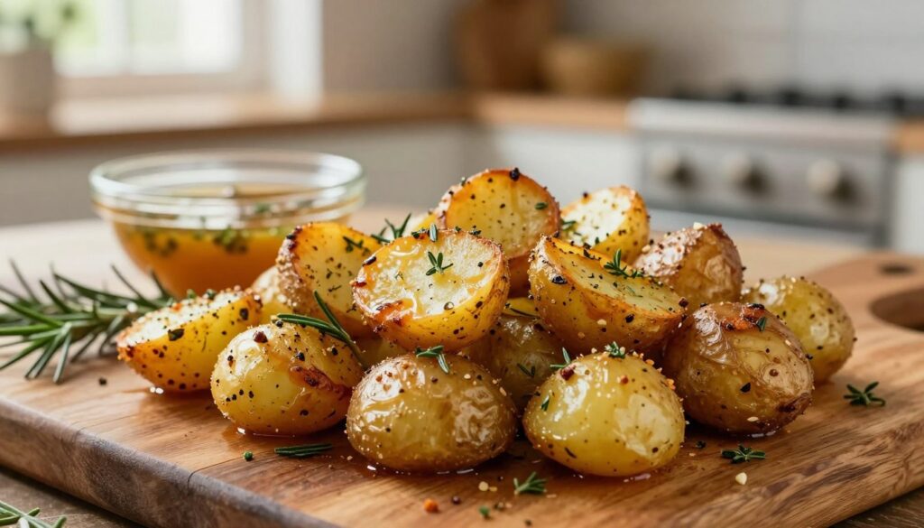 A rustic wooden table filled with golden-brown roasted potatoes, coated in a flavorful marinade. The foreground features a close-up of the crispy potatoes, glistening with herbs and spices, showcasing a mix of rosemary, thyme, and garlic. In the middle ground, there's a small bowl of the marinade alongside fresh herbs, creating a vibrant contrast. The background presents a softly blurred kitchen setting, warm light filtering in from a window, emphasizing a cozy and inviting atmosphere. The overall mood is homely and appetizing, with a focus on the rich textures and colors of the roasted potatoes, highlighting their crispy surface and the savory seasoning. A rustic wooden table filled with golden-brown roasted potatoes, coated in a flavorful marinade. The foreground features a close-up of the crispy potatoes, glistening with herbs and spices, showcasing a mix of rosemary, thyme, and garlic. In the middle ground, there's a small bowl of the marinade alongside fresh herbs, creating a vibrant contrast. The background presents a softly blurred kitchen setting, warm light filtering in from a window, emphasizing a cozy and inviting atmosphere. The overall mood is homely and appetizing, with a focus on the rich textures and colors of the roasted potatoes, highlighting their crispy surface and the savory seasoning.